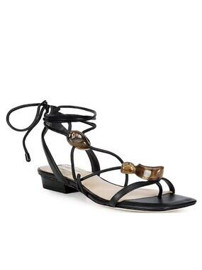 Antonio Melani Nova Leather Ornamented Strappy Ankle Wrap Flat Sandals Black NEW